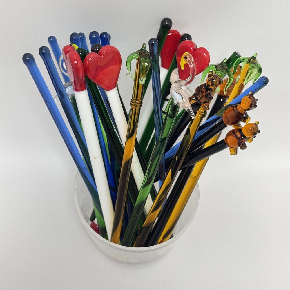 Vintage Glass Swizzle Sticks Assorted Hearts and Animals Cocktail Stirrers 32Pcs